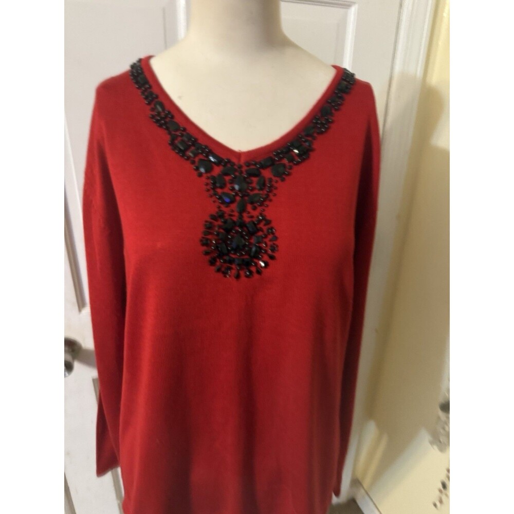 Jenny Red Black Beaded Long Sleeved Sweater Womens Size XL
